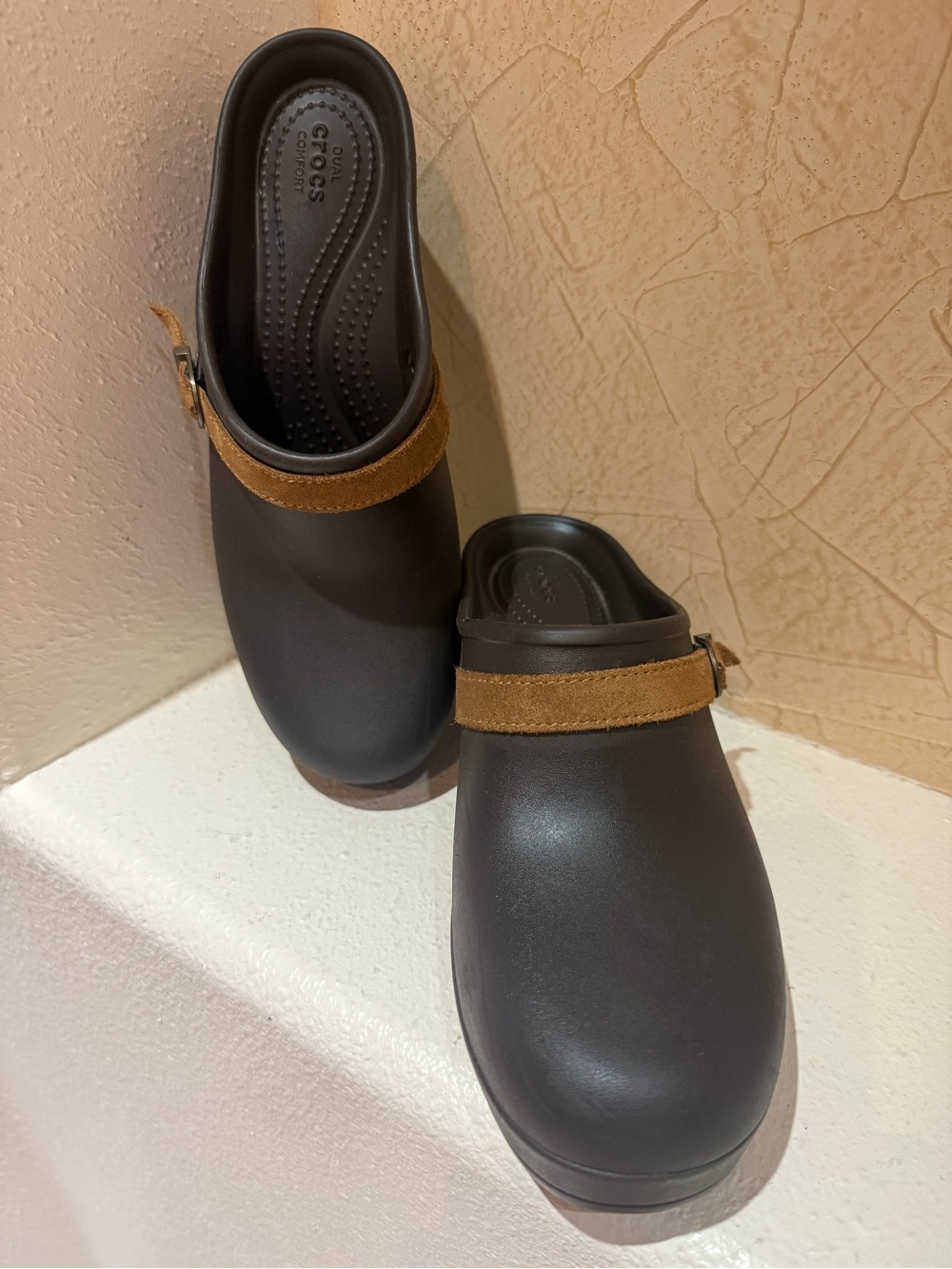 CROCS Women Black Slip-On Clog with Brown Suede Strap
